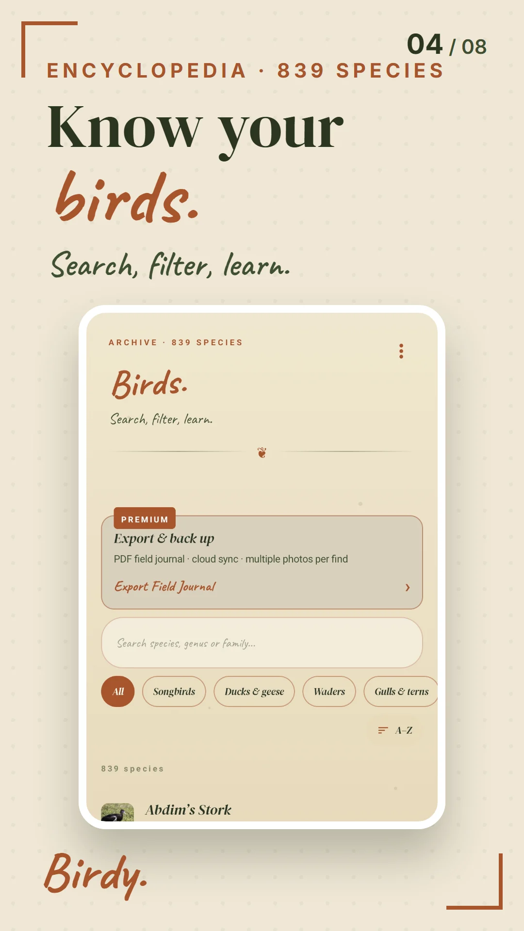 Birdy archive screen browsing European species
