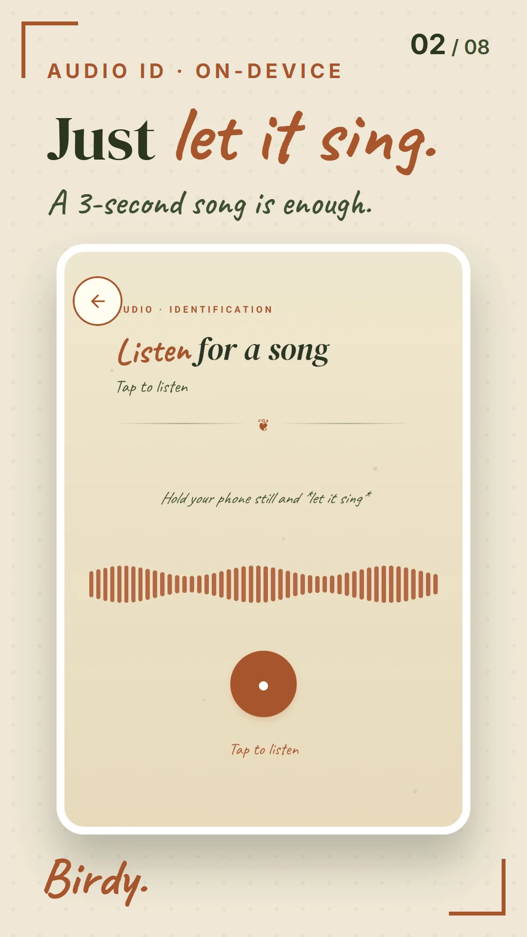 Birdy audio identification screen with sound waveform