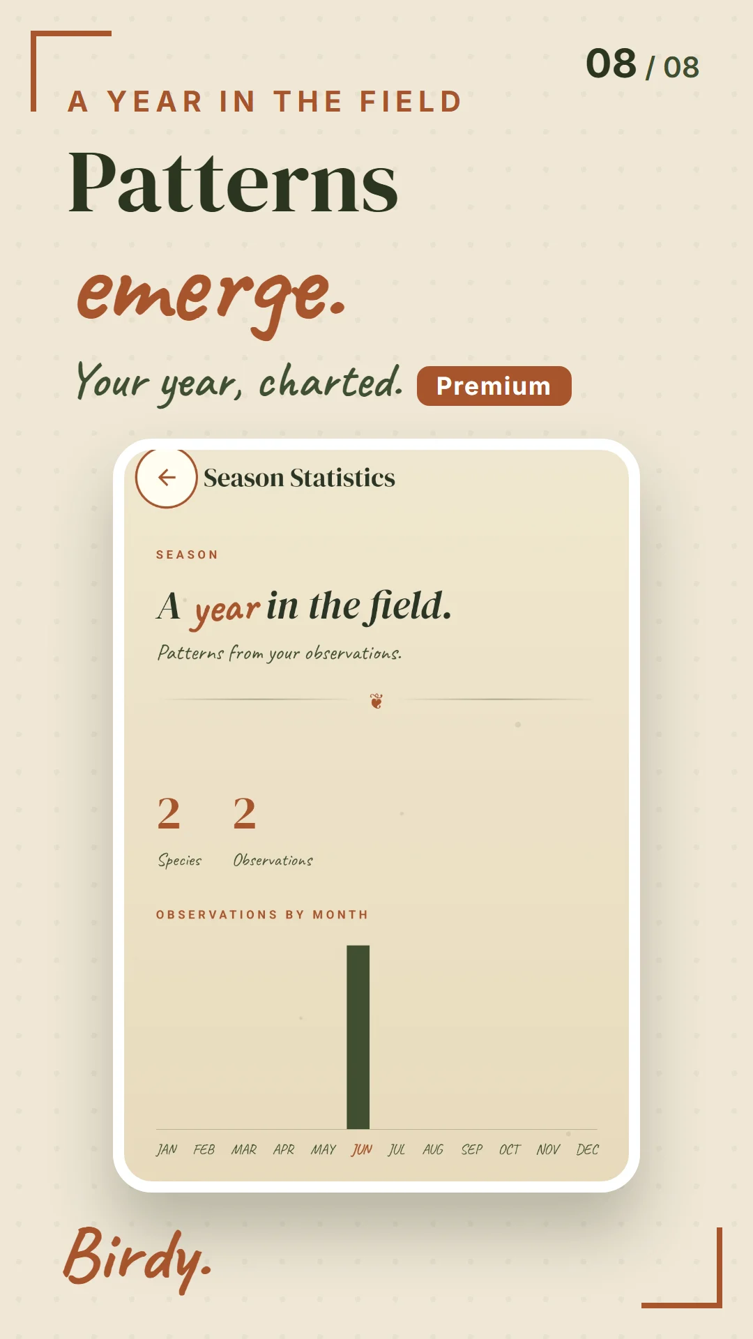 Birdy season statistics charting observations by month
