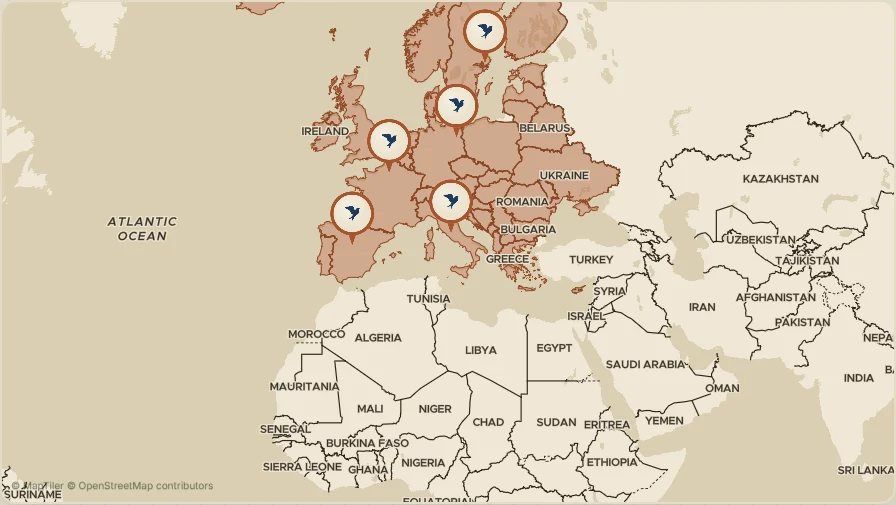 Map of Europe filled in copper, marking where Birdy works today